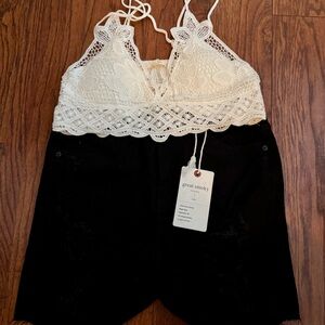 White Lace Bralette and Black Shorts Set